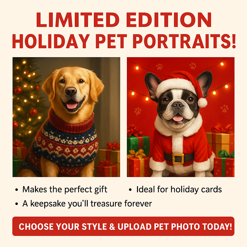 “Festive holiday-themed custom pet portrait – digital memorial artwork with Christmas background and pet photo”