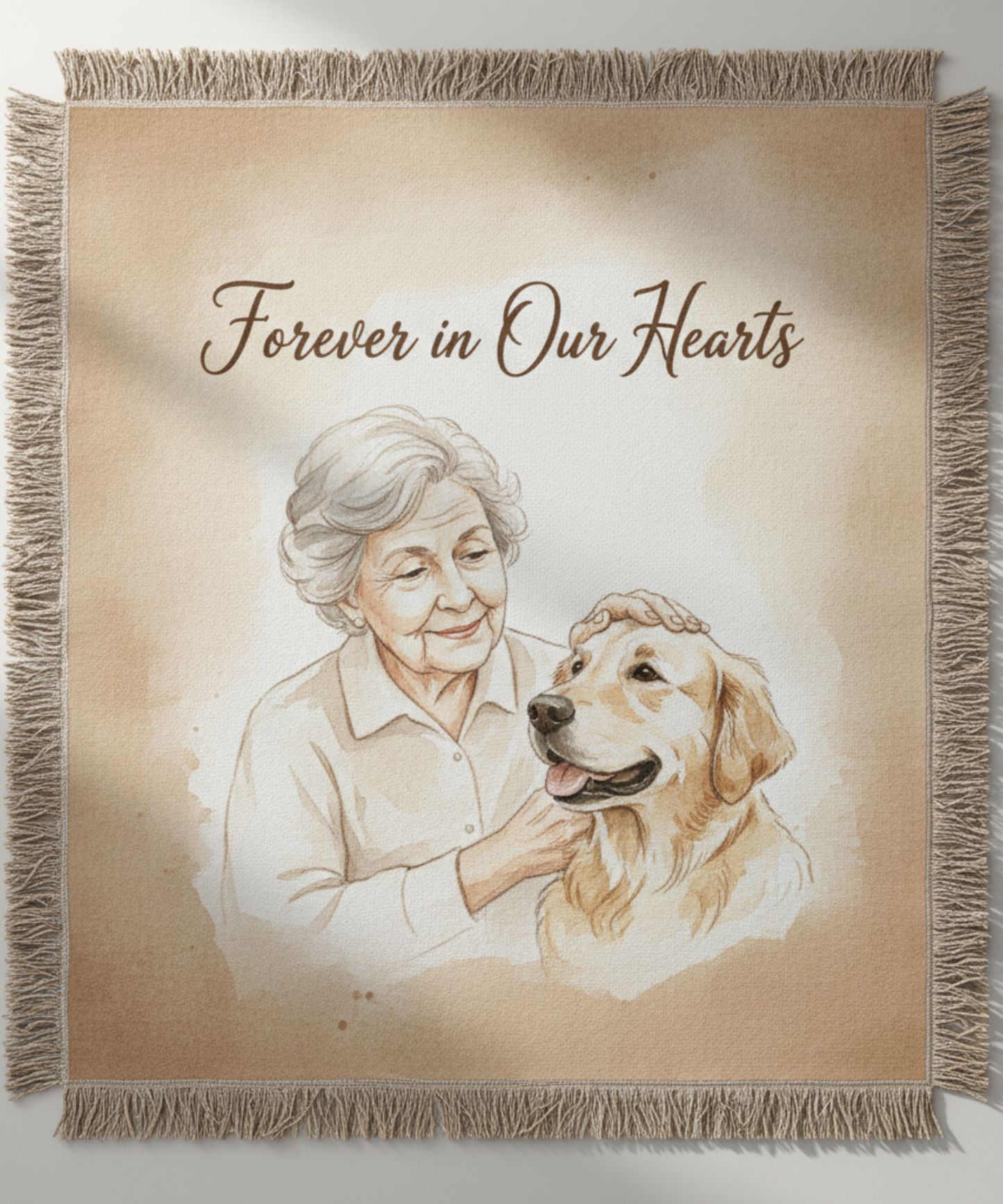 “Memorial woven blanket showing an elderly woman lovingly petting her golden retriever under the phrase ‘Forever in Our Hearts.’ A custom pet and loved-one remembrance gift.”