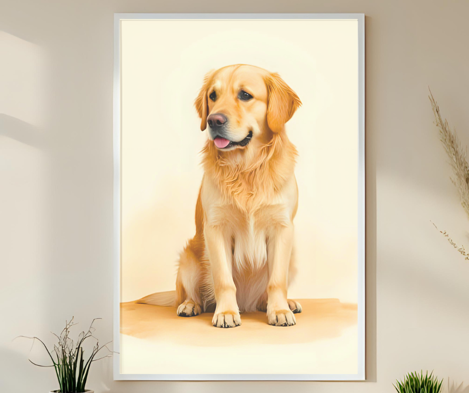 Framed portrait of a golden retriever sitting on a light background
