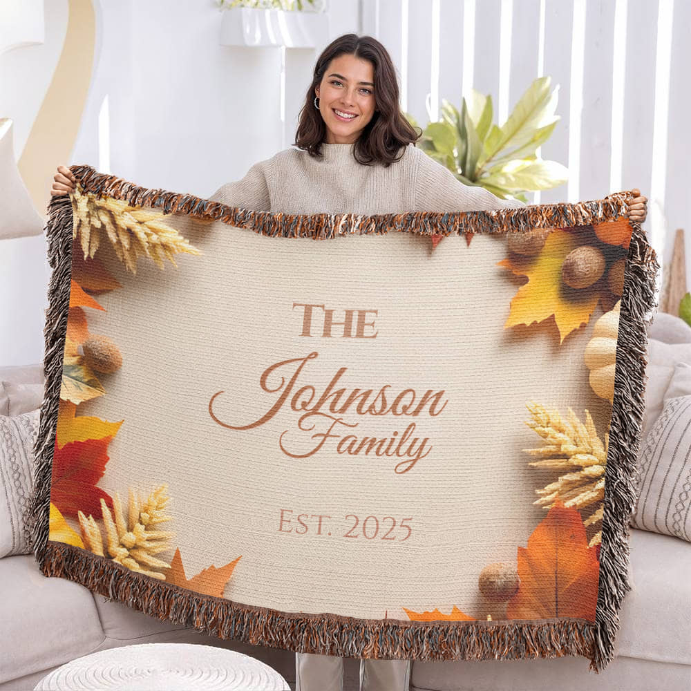 Personalized Woven Family Blanket – Custom Fall Throw with Pumpkins & Leaves (80x60)
