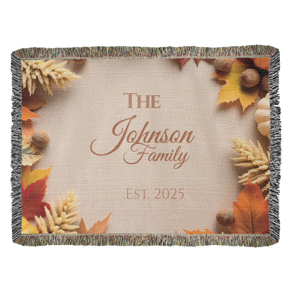 Personalized woven family blanket with pumpkins and fall leaves – custom name autumn throw 80x60