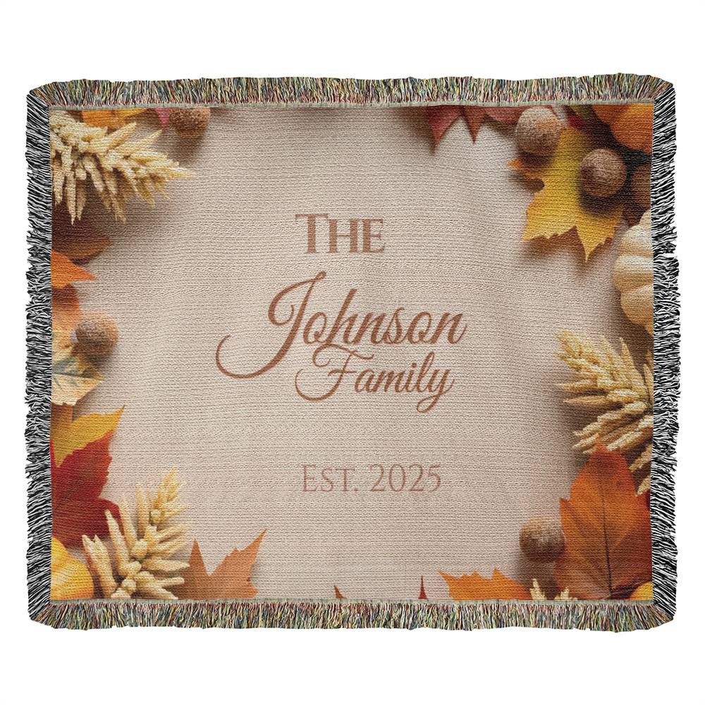 Personalized woven family blanket with pumpkins and fall leaves – custom name autumn throw 80x60