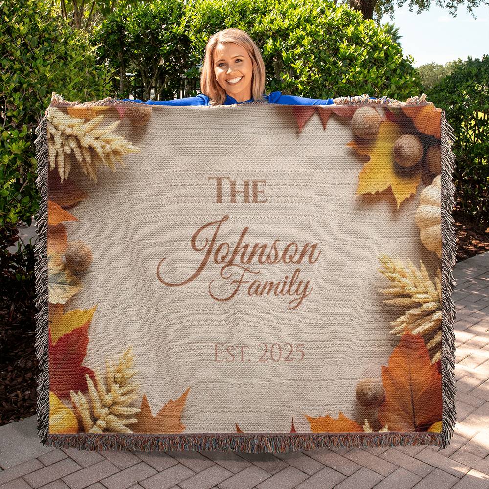 Personalized Woven Family Blanket – Custom Fall Throw with Pumpkins & Leaves (80x60)