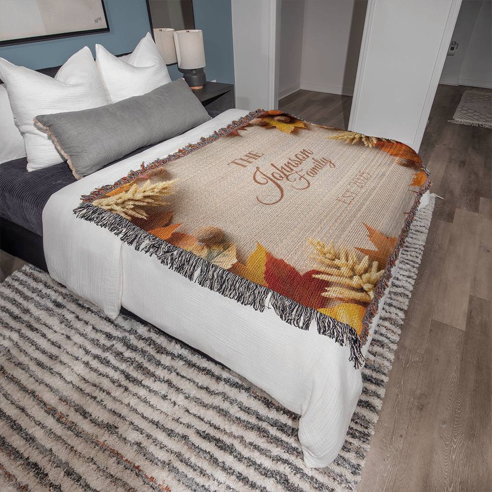 Personalized woven family blanket with pumpkins and fall leaves – custom name autumn throw 80x60