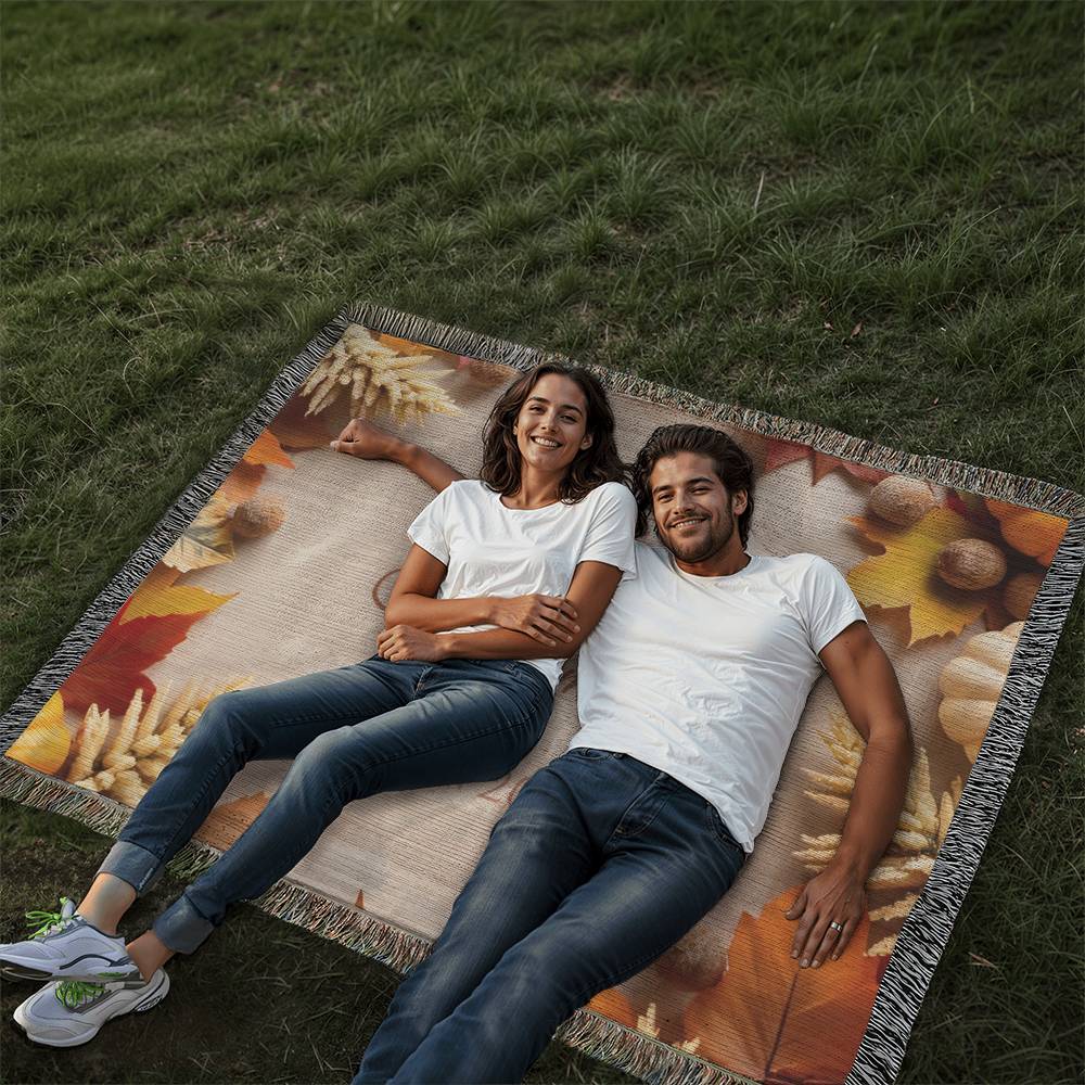 Personalized woven family blanket with pumpkins and fall leaves – custom name autumn throw 80x60