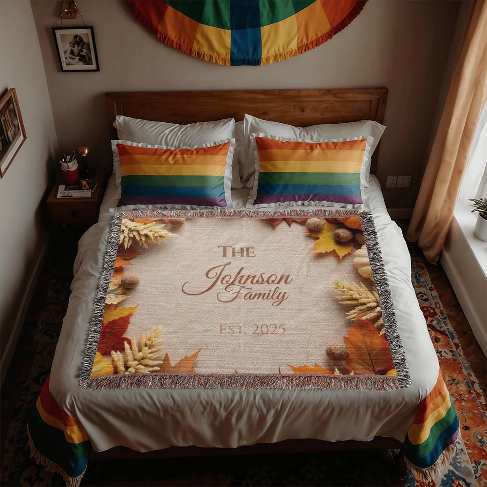Personalized woven family blanket with pumpkins and fall leaves – custom name autumn throw 80x60