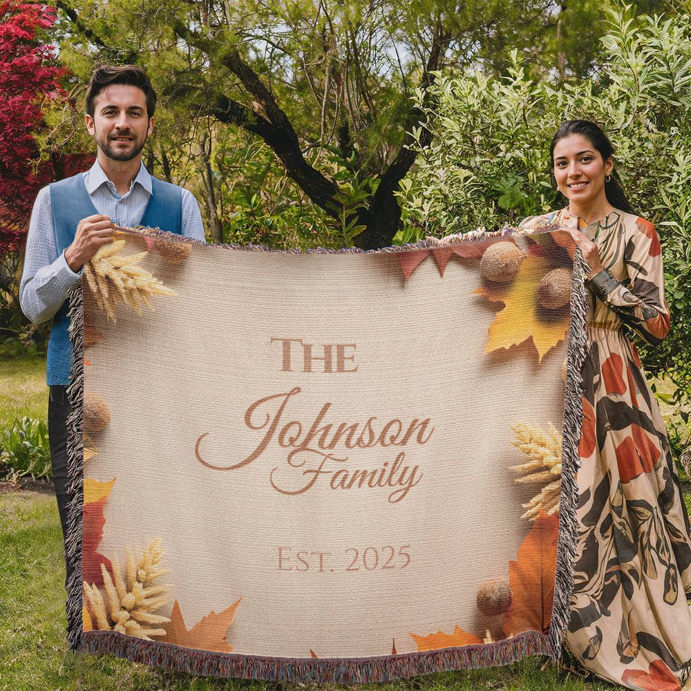 Personalized woven family blanket with pumpkins and fall leaves – custom name autumn throw 80x60