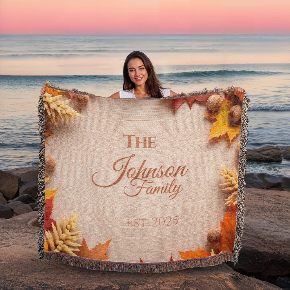 Personalized woven family blanket with pumpkins and fall leaves – custom name autumn throw 80x60