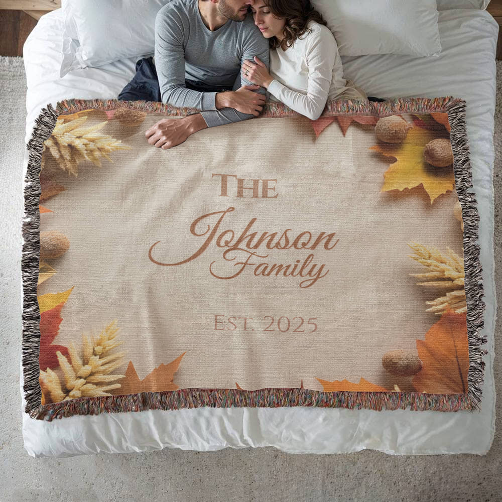 Personalized woven family blanket with pumpkins and fall leaves – custom name autumn throw 80x60