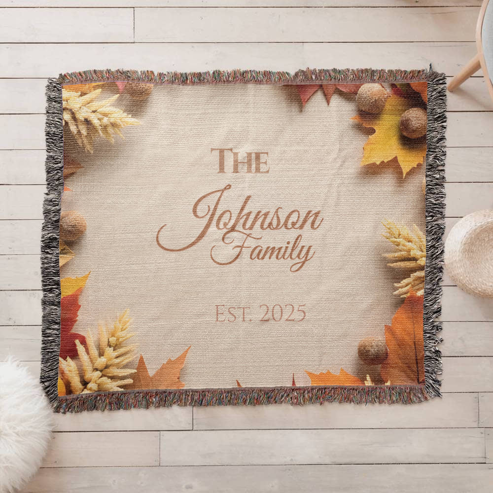 Personalized woven family blanket with pumpkins and fall leaves – custom name autumn throw 80x60
