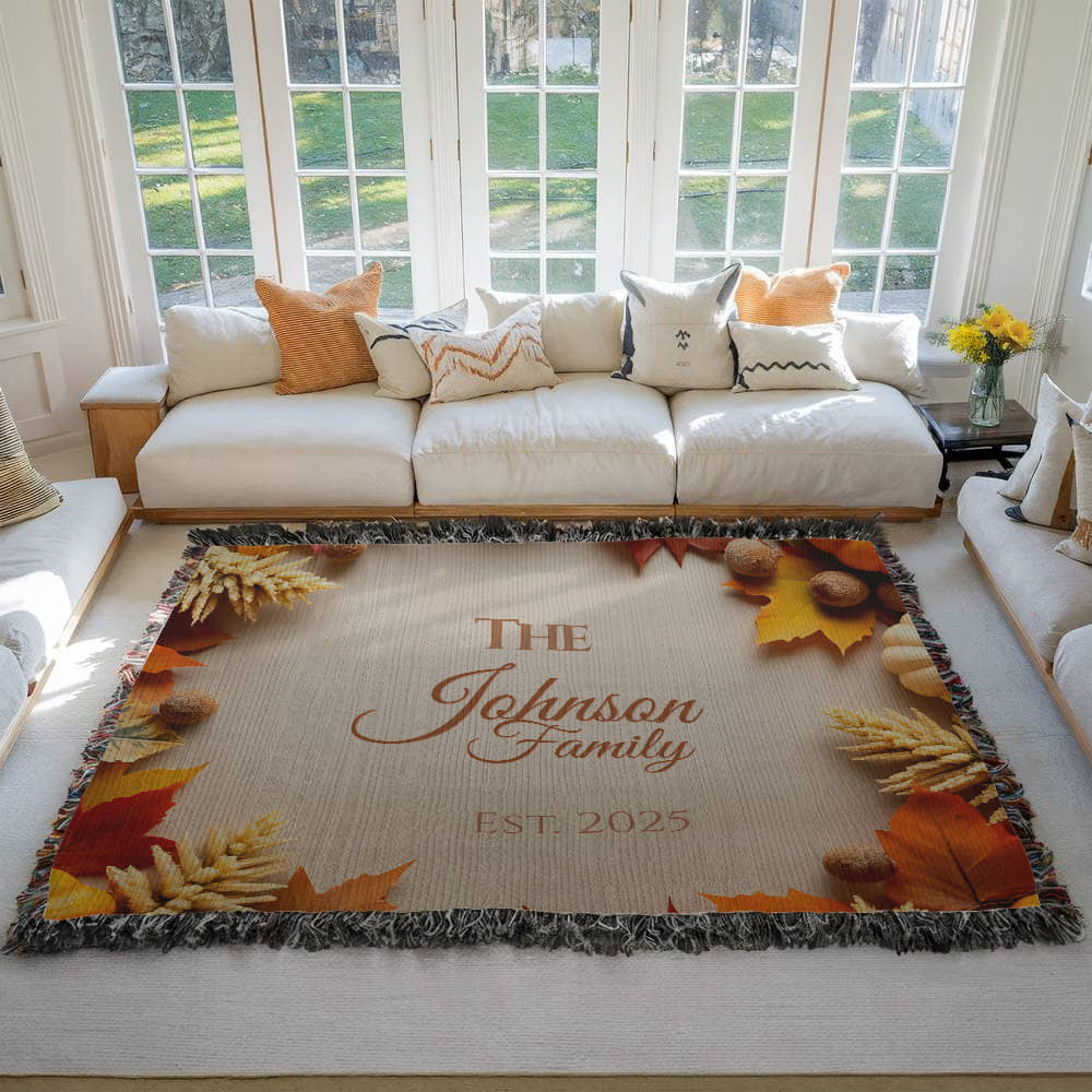 Personalized woven family blanket with pumpkins and fall leaves – custom name autumn throw 80x60