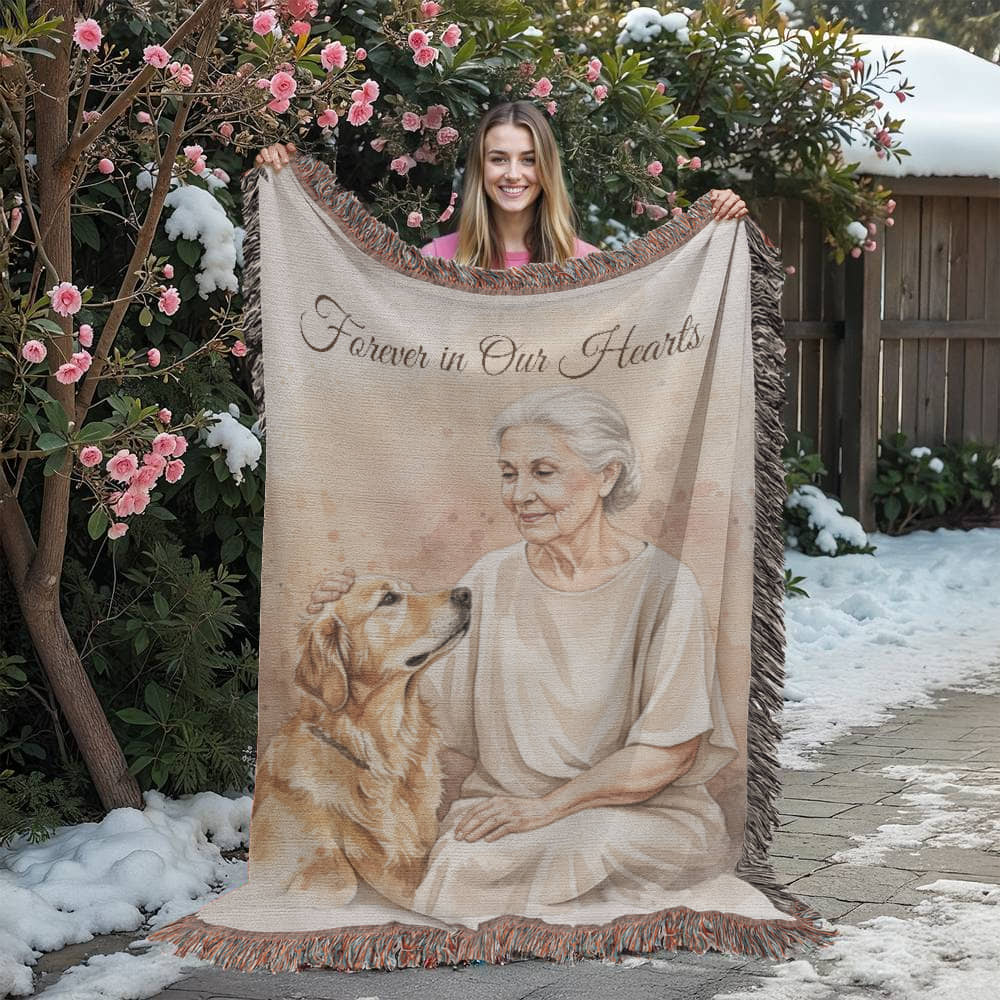 “Forever in Our Hearts custom pet and grandma memorial woven blanket – personalized remembrance gift by SparkleTails Customs.”