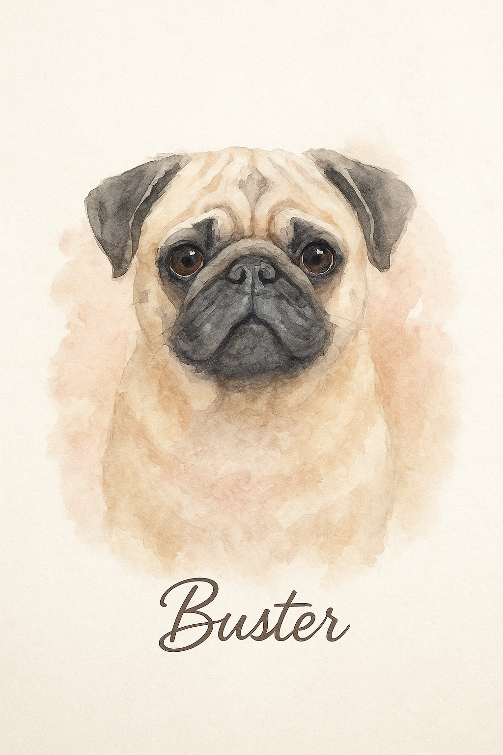 Digital illustration of a pug portrait in watercolor style – custom memorial artwork.