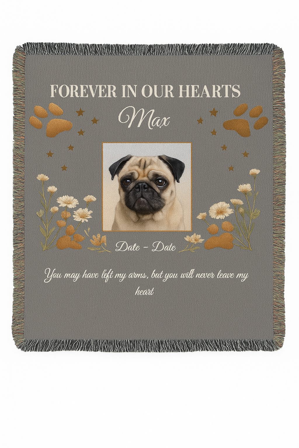 Memorial blanket with a pug's photo and text 'Forever in our hearts Max' on a gray background.