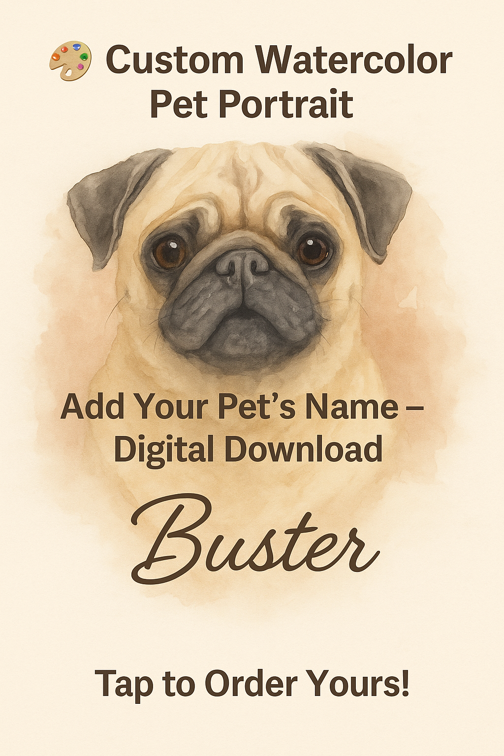 Custom watercolor pet portrait digital download – add your pet’s name and photo.