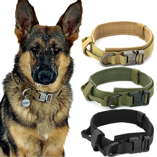 A collage showing three dog collars, one black, one green, and one brown, designed for durability and comfort with a quick-release buckle and a D-Ring. A German Shepherd is also shown wearing one of the collars.