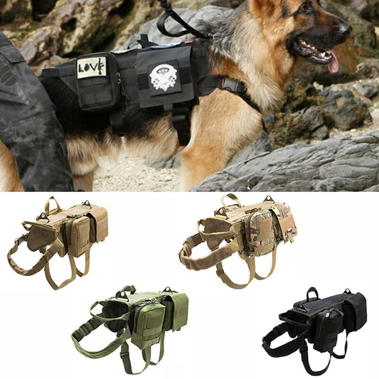 A collage of tactical military dog harnesses in various colors, with a German Shepherd wearing a black harness in the wild environment.