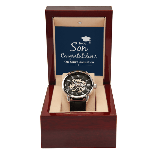Openwork graduation watch – elegant timepiece with 'Congratulations' message