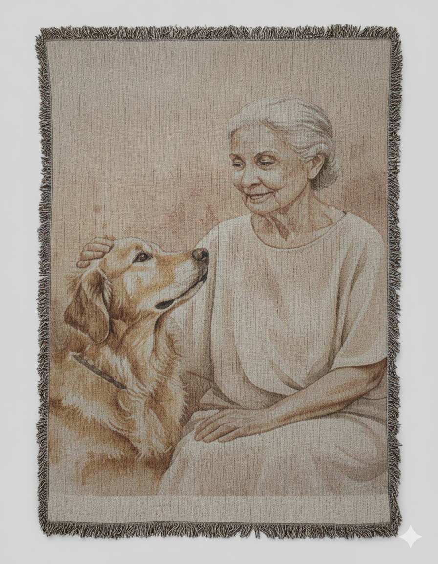 Personalized woven blanket with elderly woman and golden retriever portrait — full view
