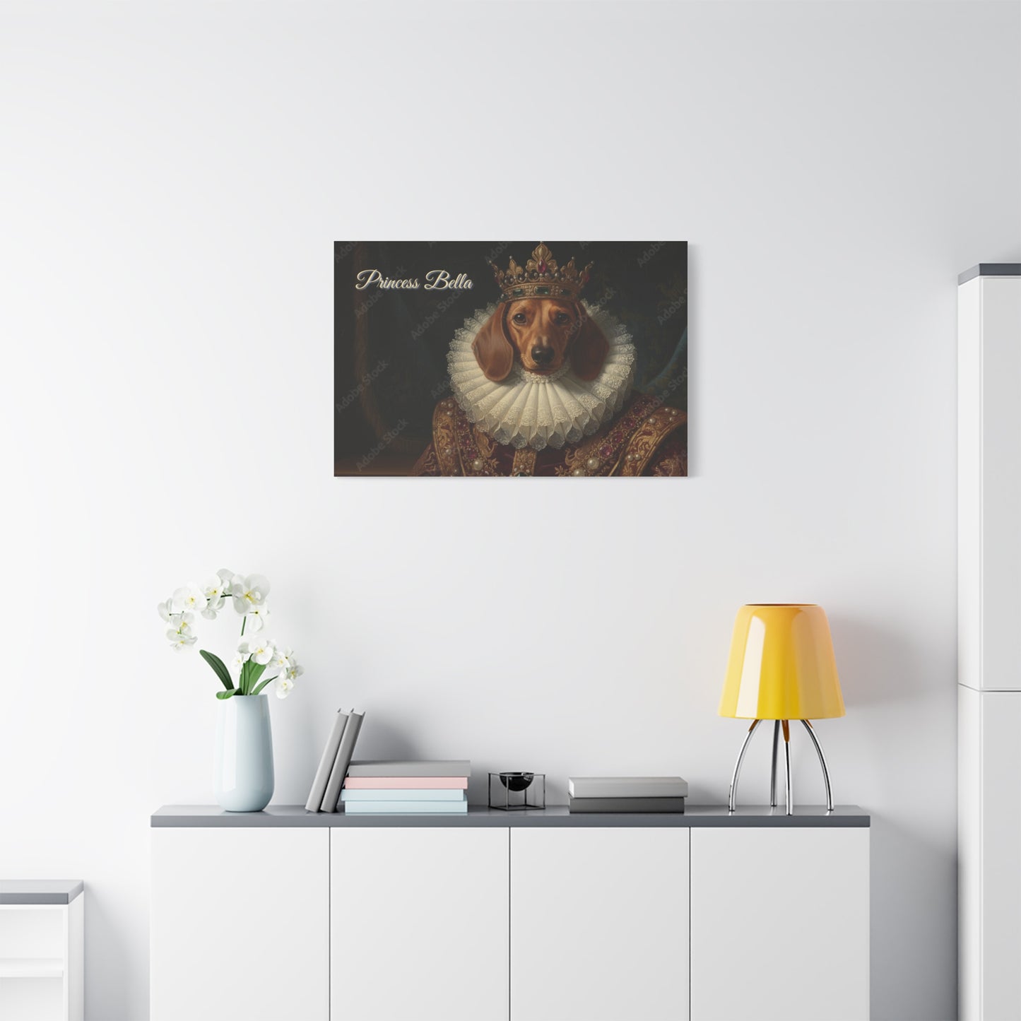 Framed royal pet portrait canvas hanging in an elegant room