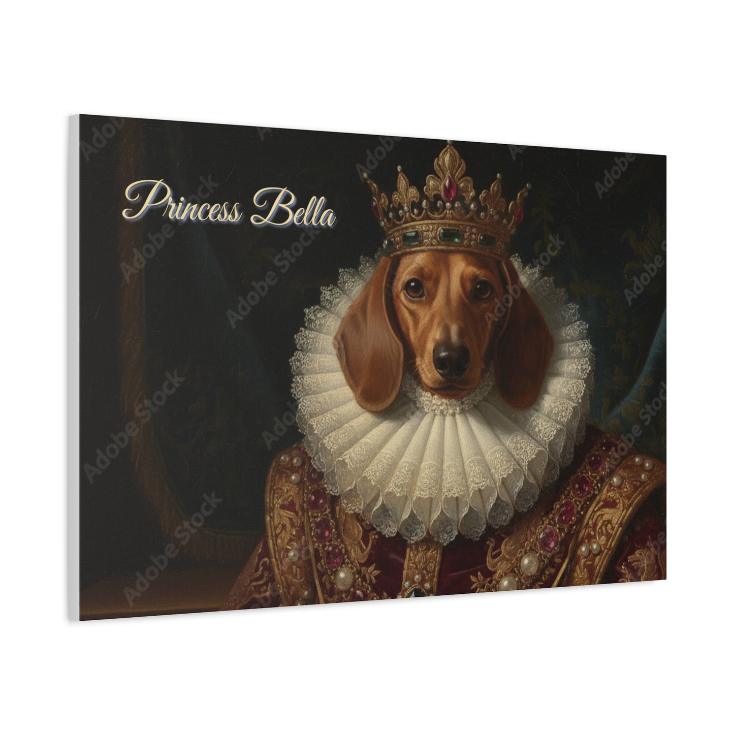 Royal pet portrait of a dog wearing a crown and red-gold robe on canvas