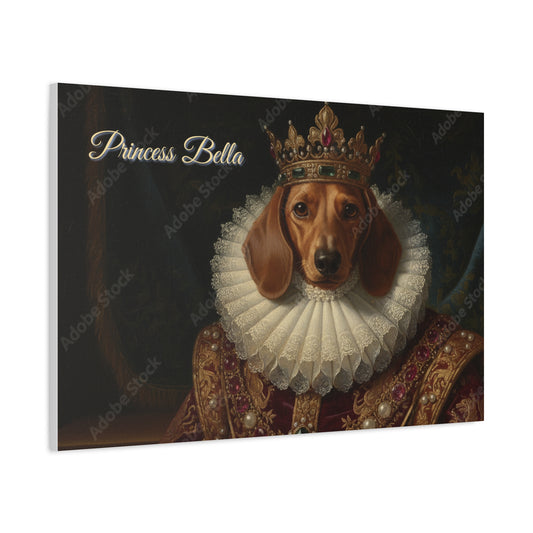Royal pet portrait of a dog wearing a crown and red-gold robe on canvas