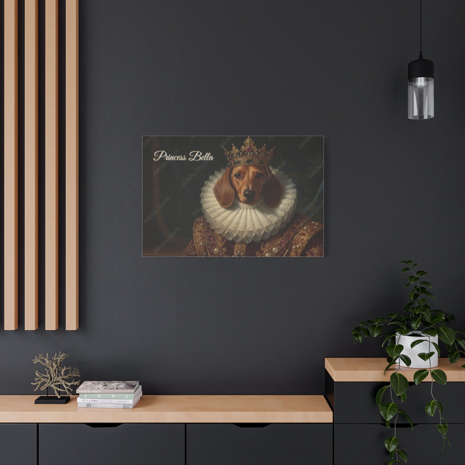 Framed royal pet portrait canvas hanging in an elegant room