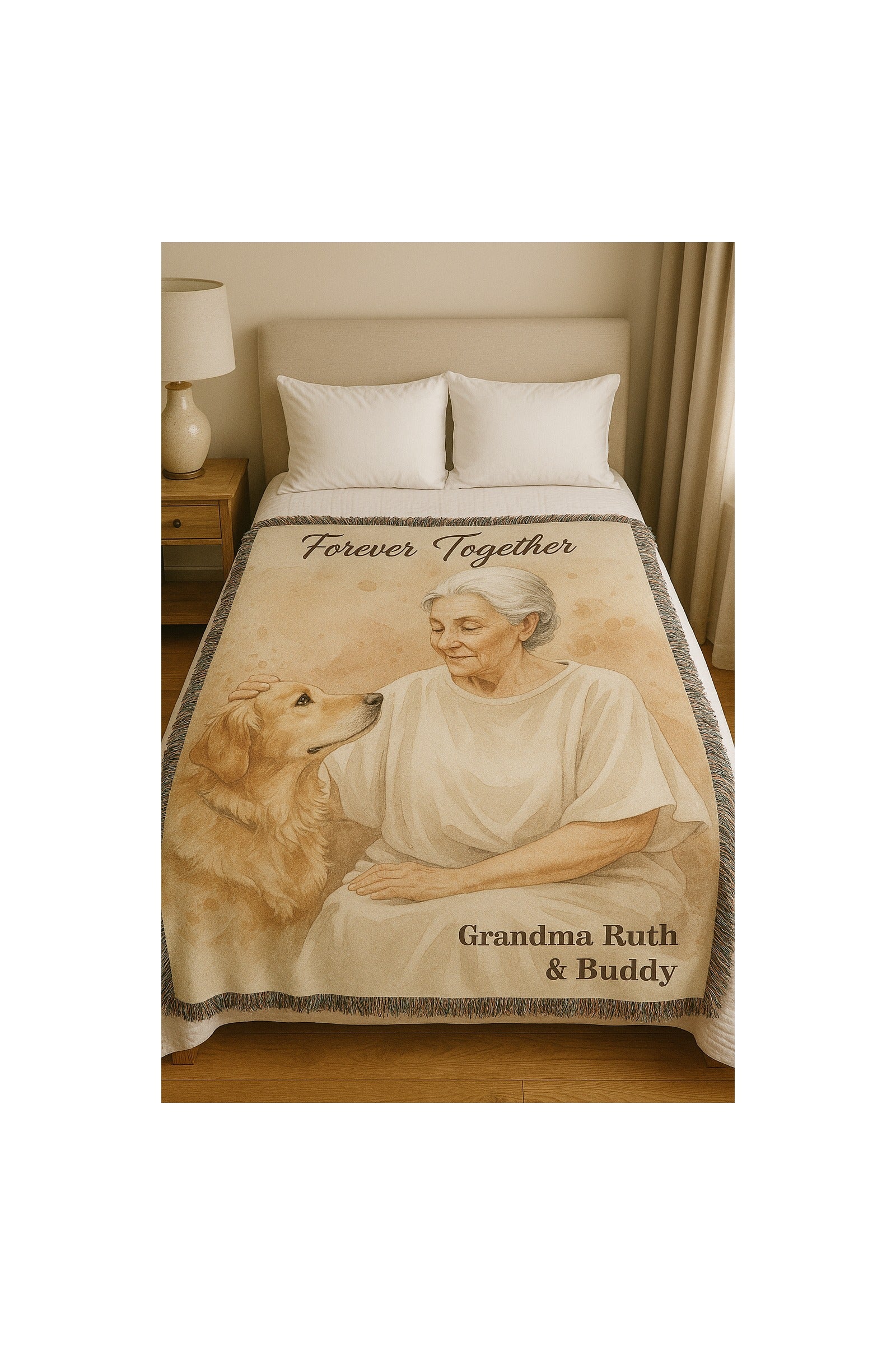 Woven portrait blanket draped on a cozy bedroom bed