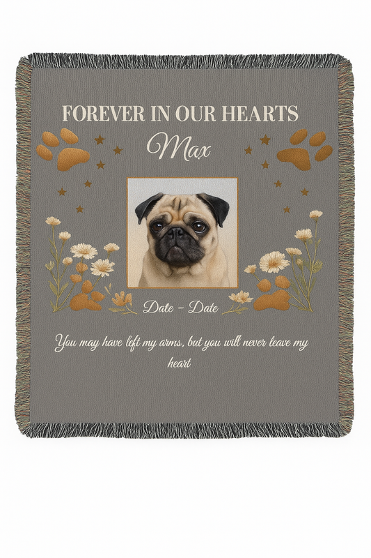 Memorial blanket with a pug's photo and text 'Forever in our hearts Max' on a gray background.