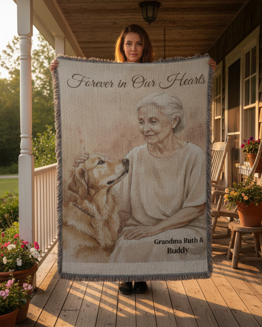Woman holding a personalized woven portrait blanket full-length