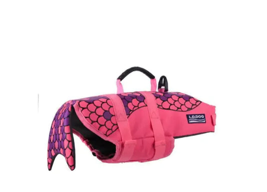 Pink pet swim vest with adjustable straps and handle, designed for water safety and comfort.